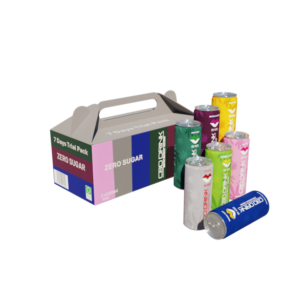 7 days Trial pack Zero Sugar Sparking CBD drink 250ml 1 x Berries &Cherries, 1 x Apple Crush, 1 x Mango Crush, 1 x Pink Crush, 1 x Lemon & Lime, 1 x Cola Crush, 1 x Tropical Crus,