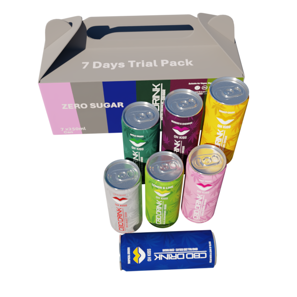 7 days Trial pack Zero Sugar Sparking CBD drink 250ml 1 x Berries &Cherries, 1 x Apple Crush, 1 x Mango Crush, 1 x Pink Crush, 1 x Lemon & Lime, 1 x Cola Crush, 1 x Tropical Crus,