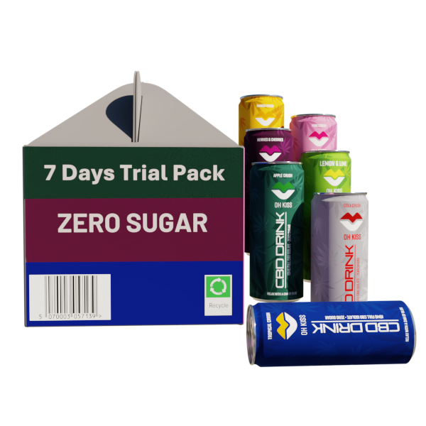7 days Trial pack Zero Sugar Sparking CBD drink 250ml 1 x Berries &Cherries, 1 x Apple Crush, 1 x Mango Crush, 1 x Pink Crush, 1 x Lemon & Lime, 1 x Cola Crush, 1 x Tropical Crus,