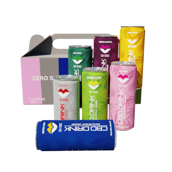 7 days Trial pack Zero Sugar Sparking CBD drink 250ml 1 x Berries &Cherries, 1 x Apple Crush, 1 x Mango Crush, 1 x Pink Crush, 1 x Lemon & Lime, 1 x Cola Crush, 1 x Tropical Crus,